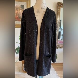 JOAN RIVERS QVC Black Sequined Cardigan Sweater Jacket w/ Pockets Size Large